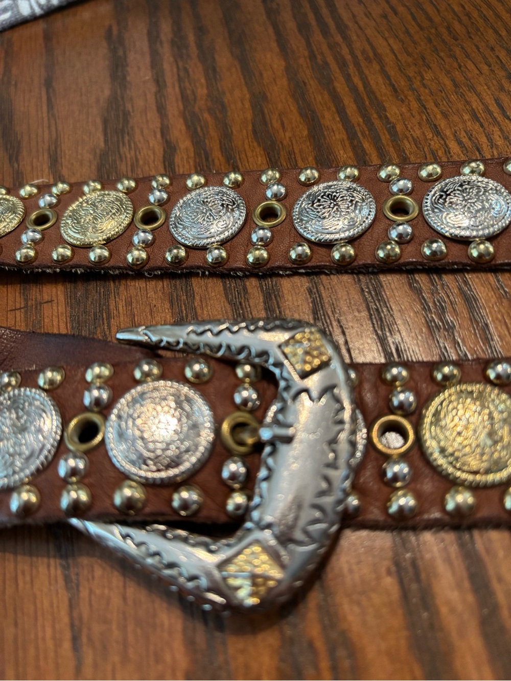 Vintage Sand Castle Studded Brown Leather Belt with Silver & Gold Accents